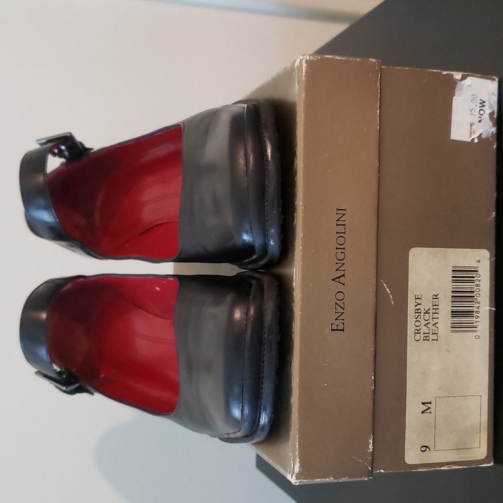 Enzo Angiolini women leather black baby doll shoes with ankle strap, block heel.